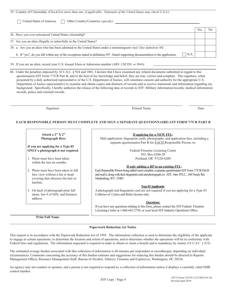 ATF Form 7 / 7CR (5310.12 / 5310.16) Application for Federal Firearms License, Page 4
