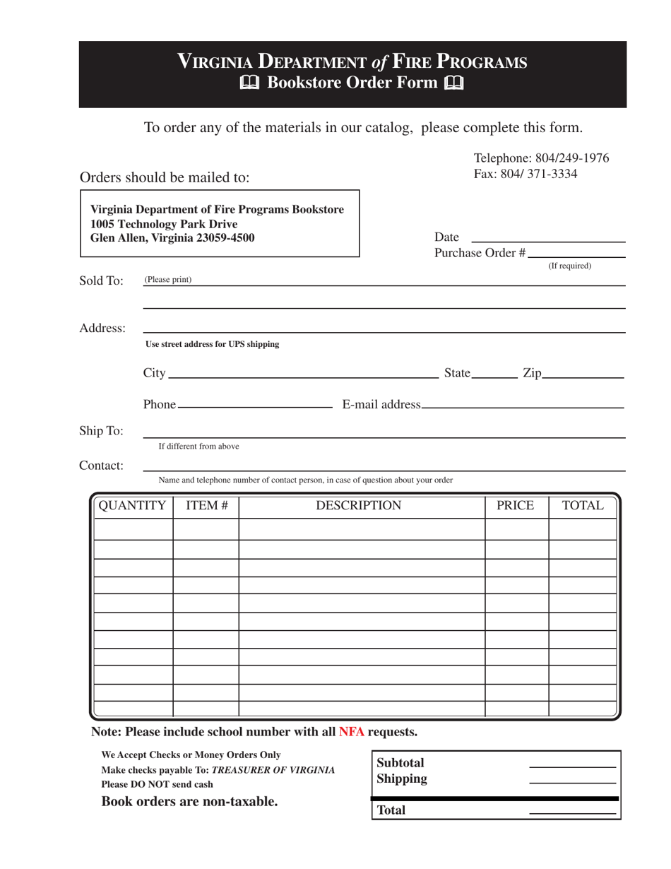 Bookstore Order Form - Virginia, Page 1