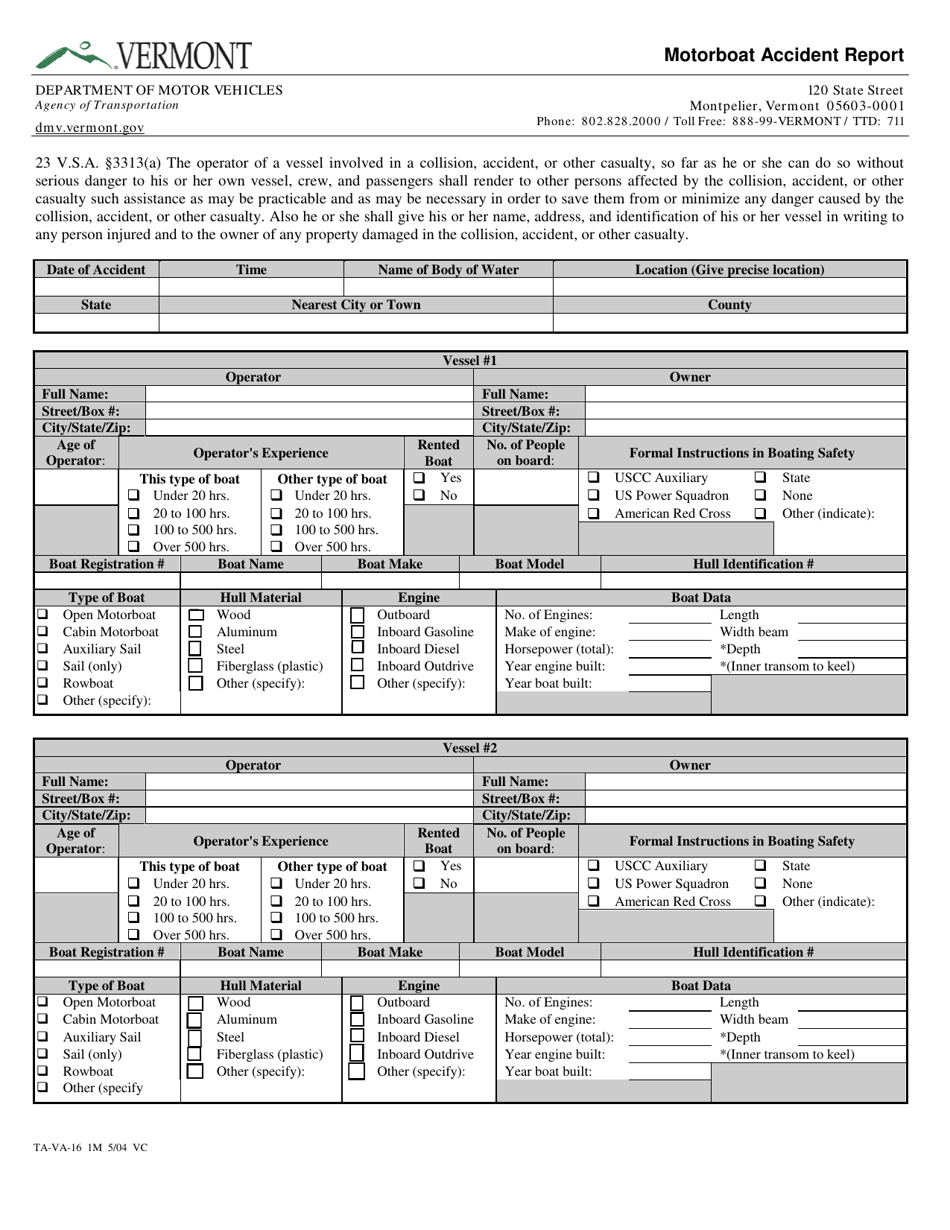Form TA-VA-16 Motorboat Accident Report - Vermont, Page 1