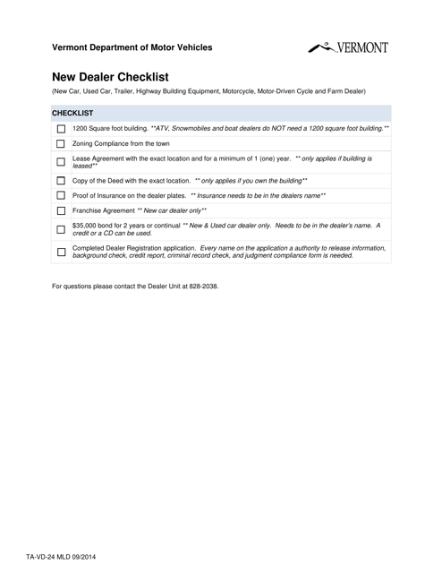 Form TA-VD-24 New Dealer Checklist - Vermont