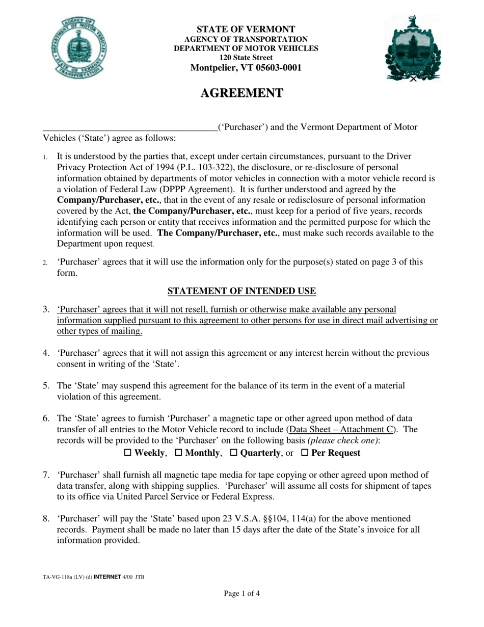 Form TA-VG-118A Dppa User Agreement (Non-standard) - Vermont, Page 1