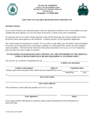Document preview: Form TA-VR-105(D) Lost or Unavailable Registration Certificate - Vermont