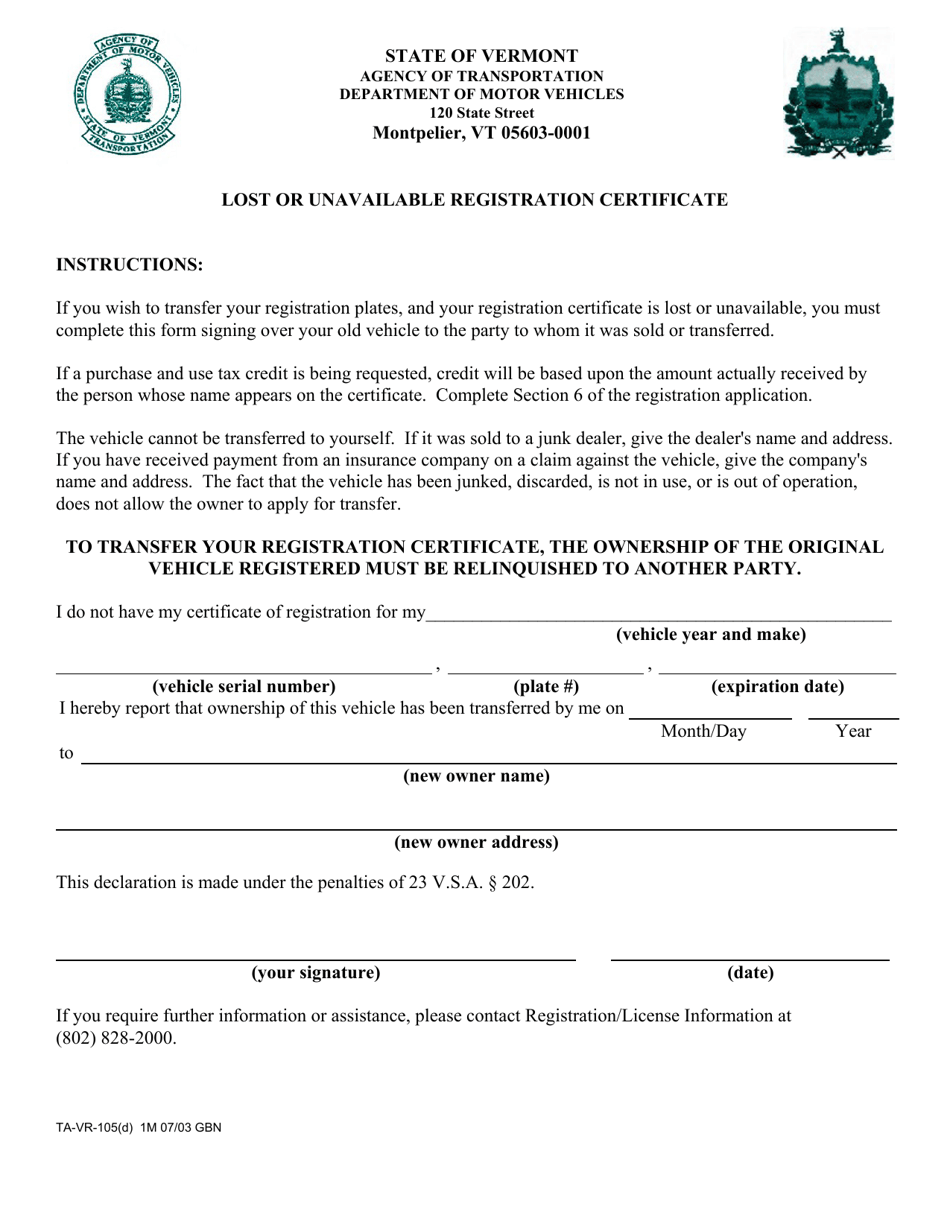 Form TA-VR-105(D) Download Fillable PDF or Fill Online Lost or Sns-Brigh10