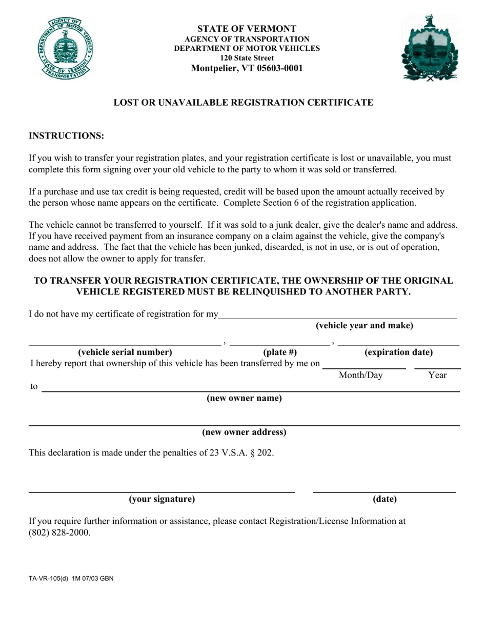 Form TA-VR-105(D) Lost or Unavailable Registration Certificate - Vermont, Page 1