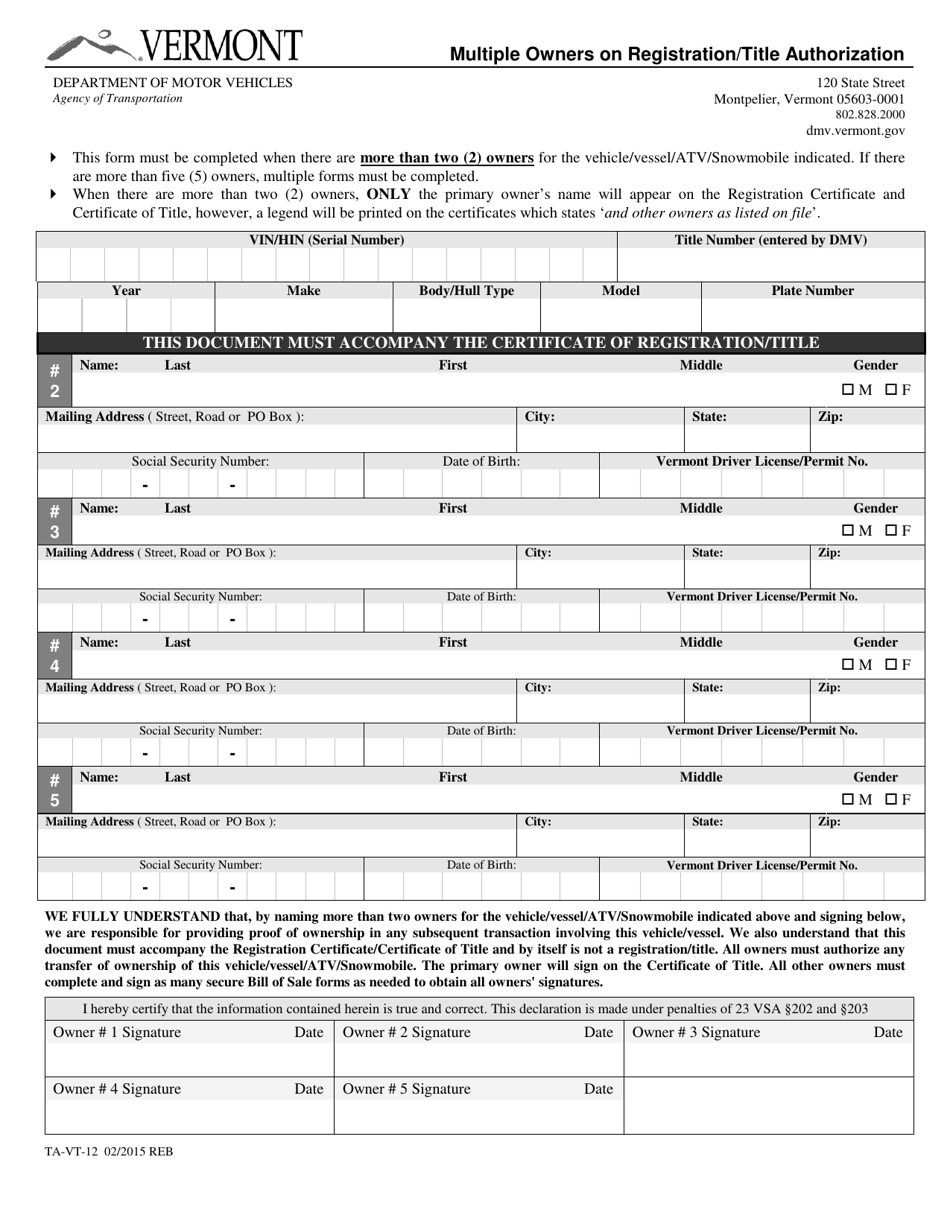Form TA-VT-12 Multiple Owners on Registration / Title Authorization - Vermont, Page 1