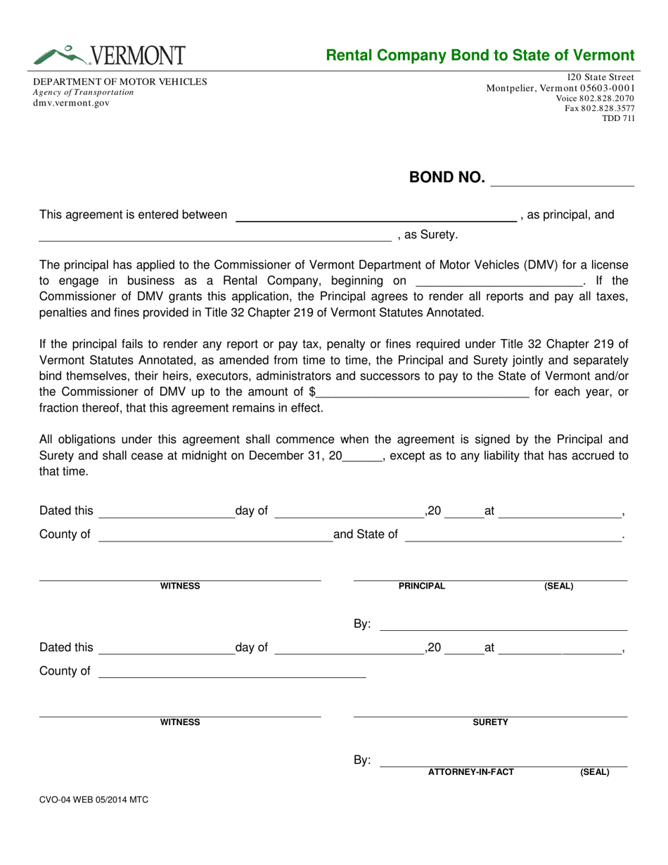 Form CVO-04 Rental Company Bond to State of Vermont - Vermont, Page 1