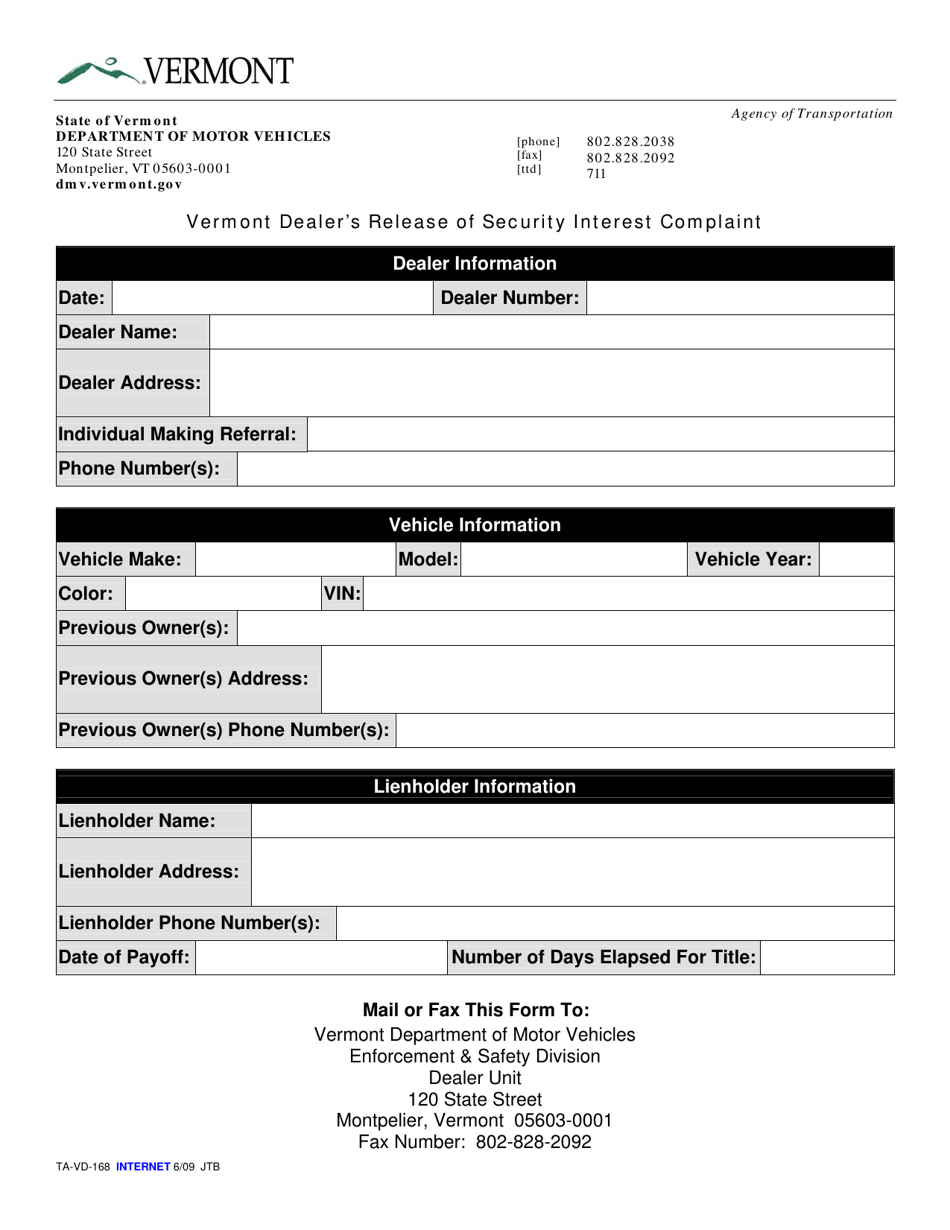 Form TA-VD-168 Vermont Dealers Release of Security Interest Complaint - Vermont, Page 1