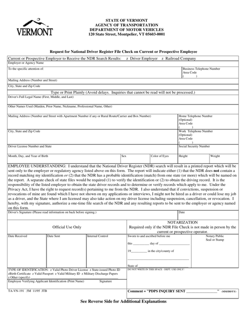 Form TA-VN-191 Request for National Driver Register File Check on Current or Prospective Employee - Vermont