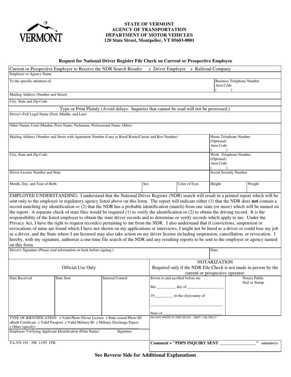 Form TA-VN-191 Request for National Driver Register File Check on Current or Prospective Employee - Vermont, Page 1