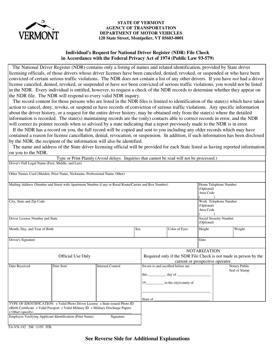 Form TA-VN-192 Individuals Request for National Driver Register (Ndr) File Check in Accordance With the Federal Privacy Act of 1974 (Public Law 93-579) - Vermont, Page 1