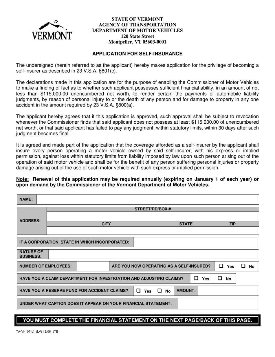 Form TA-VI-107(D) Application for Self-insurance - Vermont, Page 1