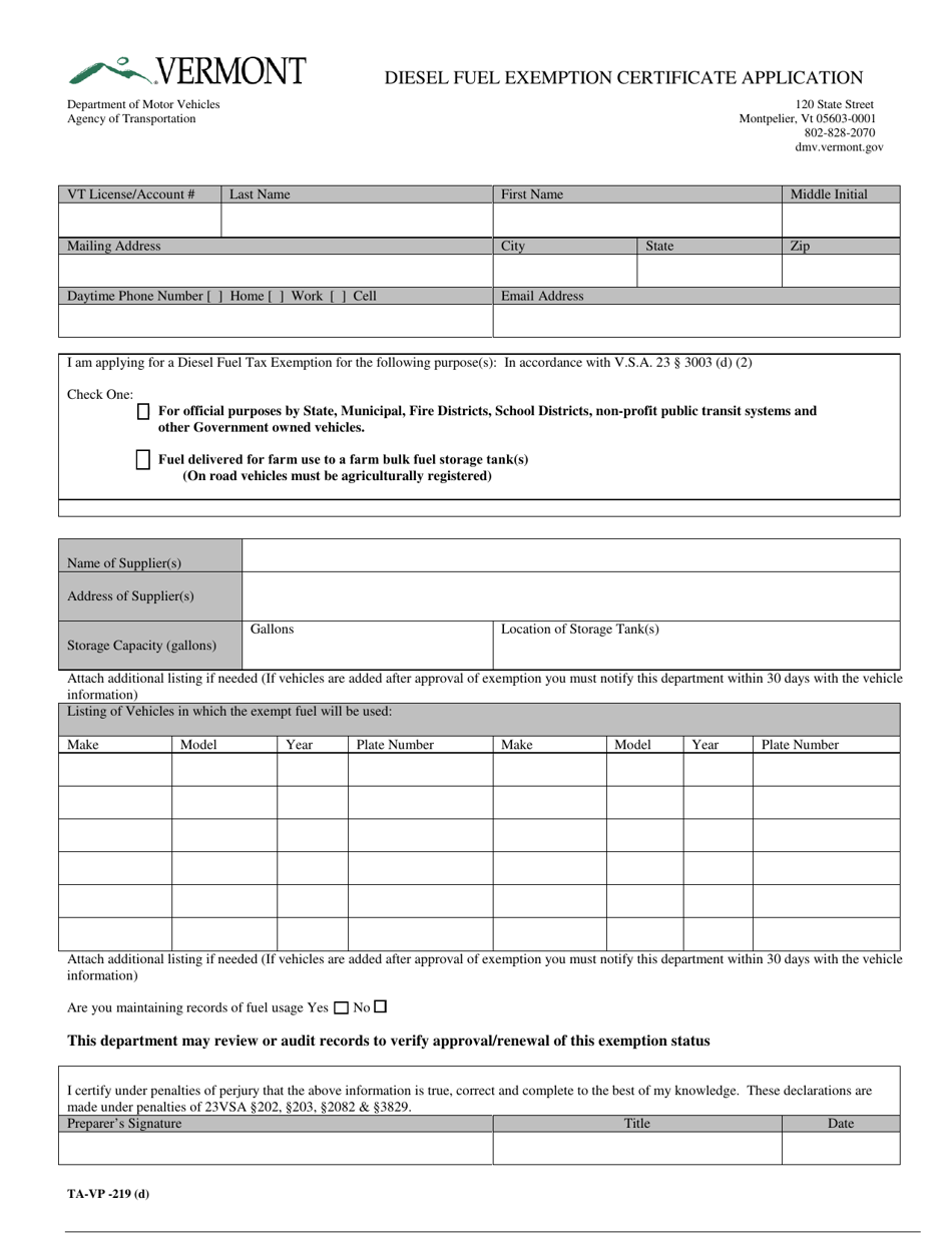 Form TA-VP-219 Diesel Fuel Exemption Certificate Application - Vermont, Page 1