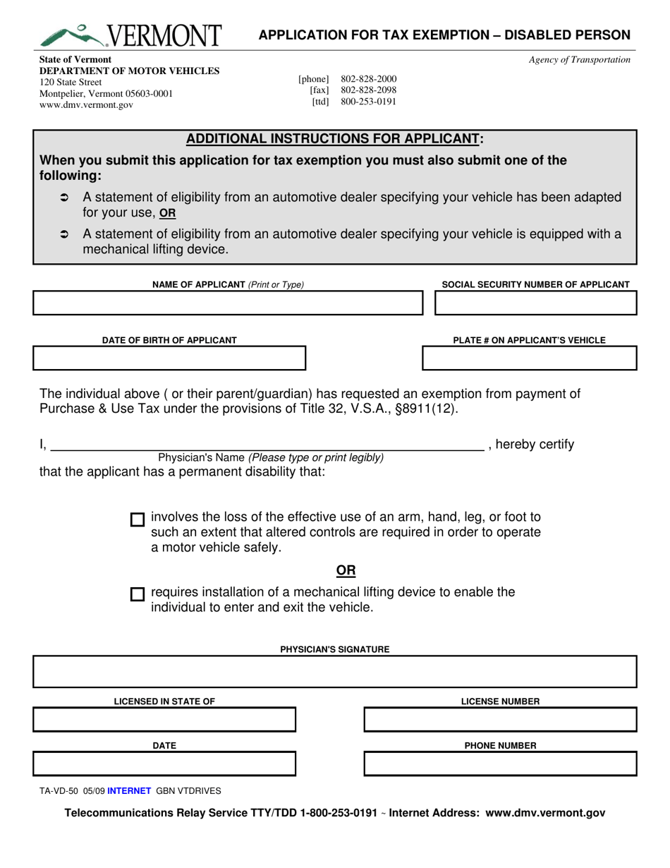 Form TA-VD-50 Application for Tax Exemption - Disabled Person - Vermont, Page 1