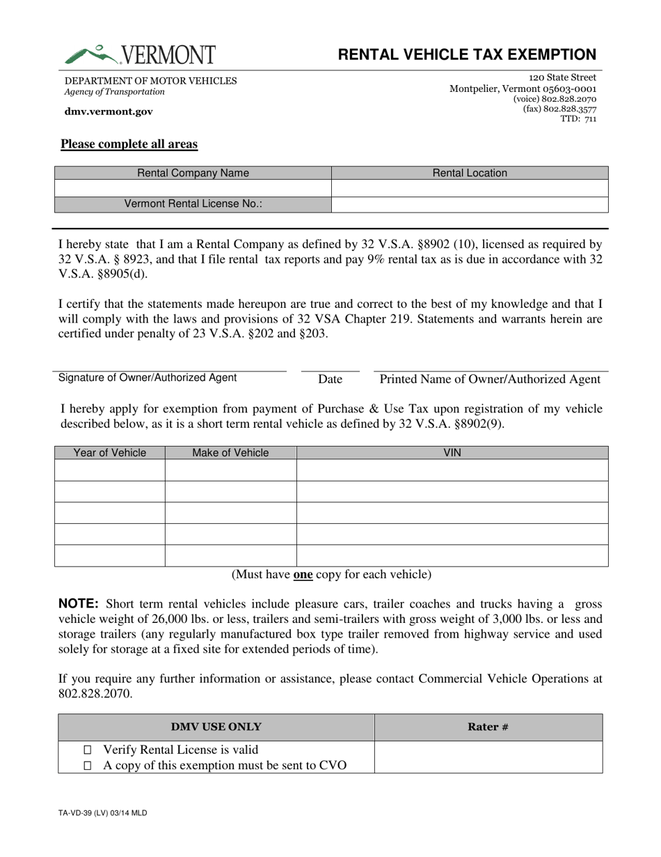 Form TAVD39 Fill Out, Sign Online and Download Fillable PDF, Vermont Templateroller