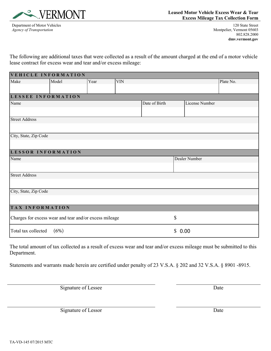 Form TA-VD-145 Leased Motor Vehicle Excess Wear  Tear Excess Mileage Tax Collection Form - Vermont, Page 1
