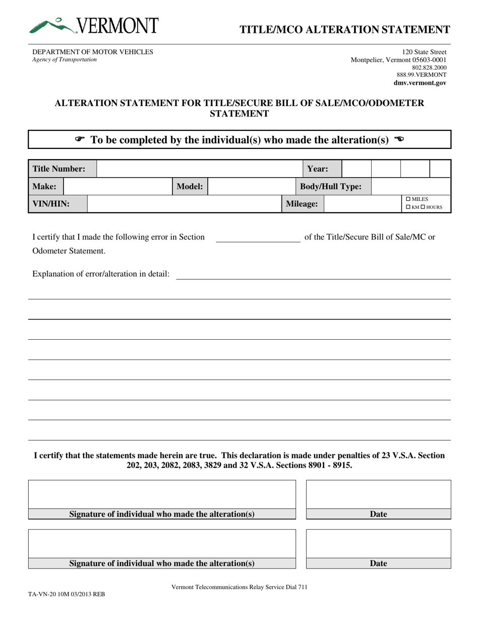 Form TA-VN-20 Title / Mco Alteration Statement - Vermont, Page 1