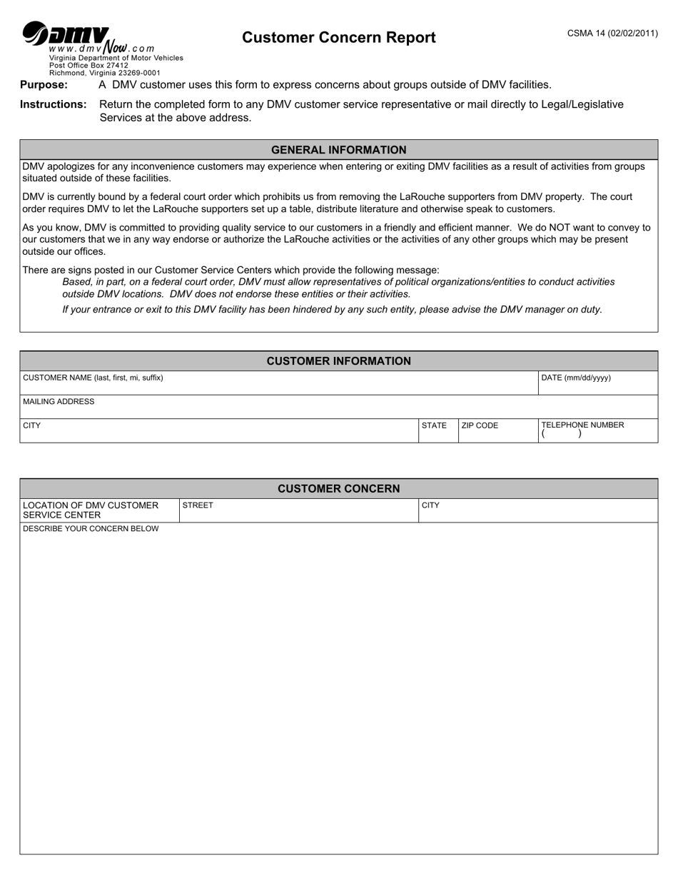 Form CSMA14 Customer Concern Report - Virginia, Page 1