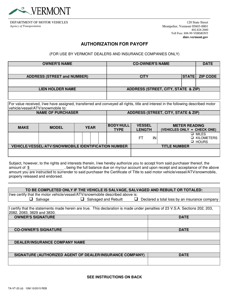 Form TA-VT-23 Authorization for Payoff - Vermont, Page 1
