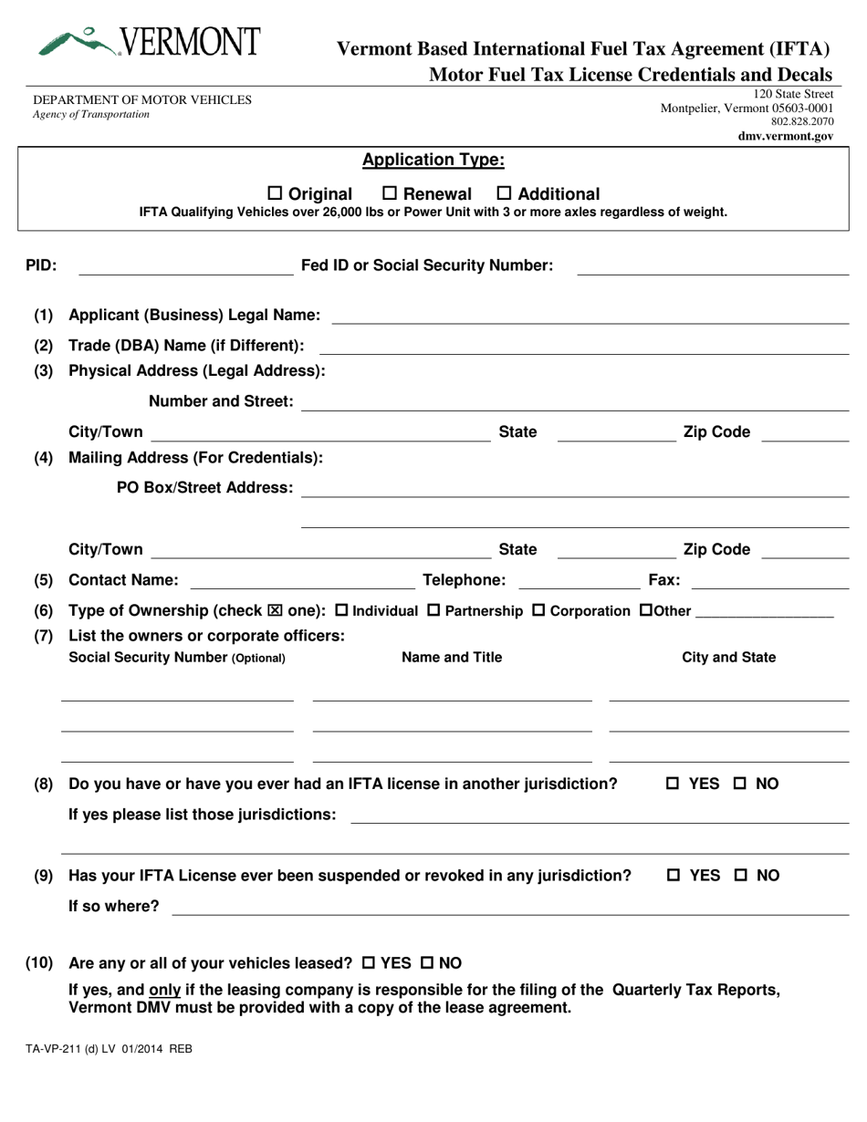 Form TA-VP-211 Vermont Based International Fuel Tax Agreement (Ifta) Motor Fuel Tax License Credentials and Decals - Vermont, Page 1
