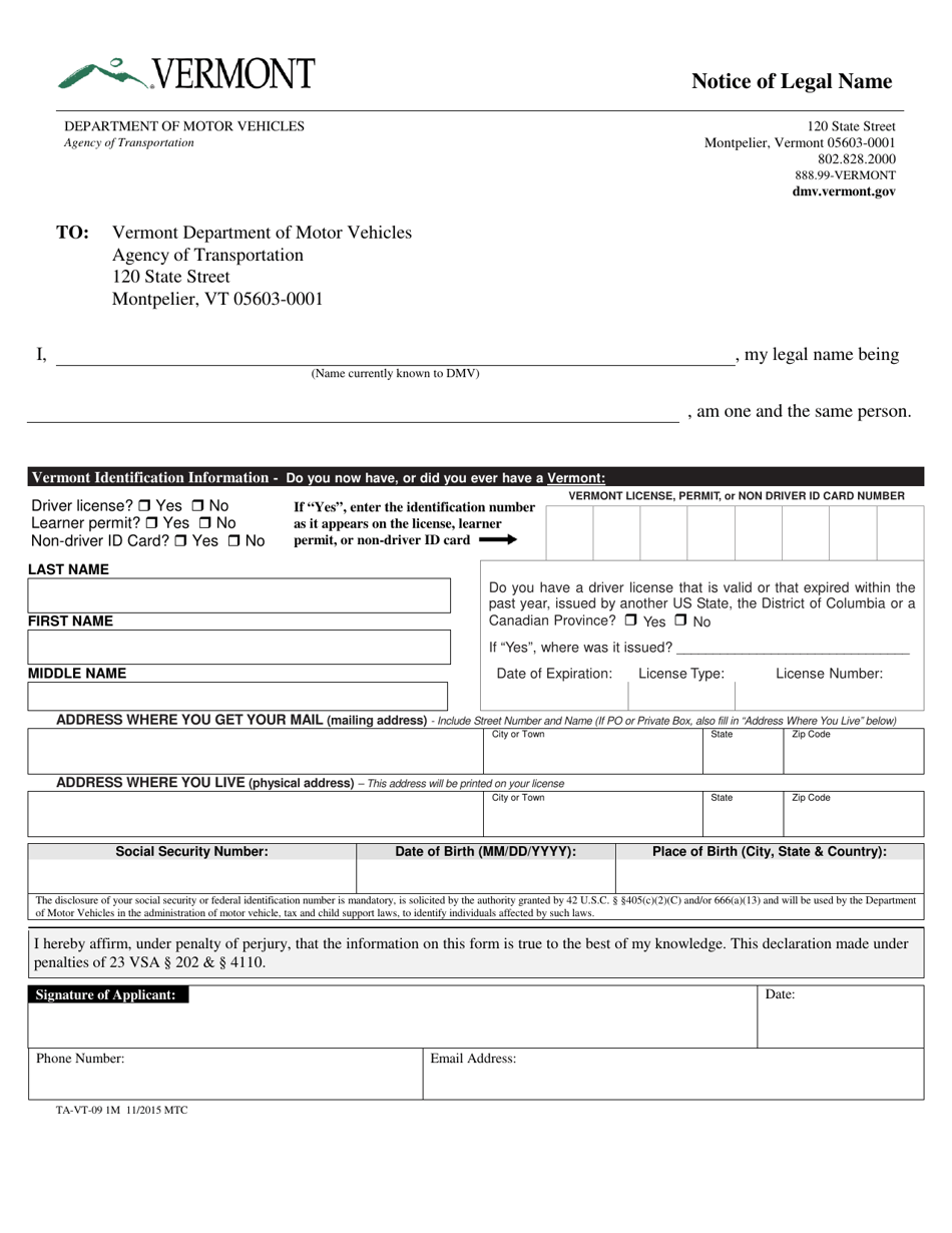 Form TA-VT-09 Notice of Legal Name - Vermont, Page 1