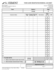 Document preview: Form TA-VD-151 Town Clerk Registration Renewal Log Sheet - Vermont