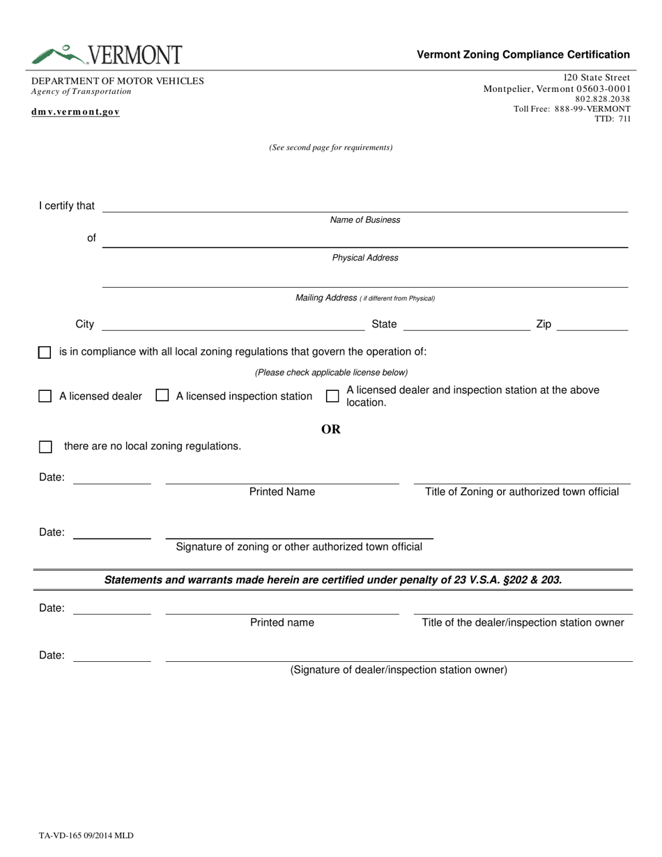 Form TAVD165 Download Fillable PDF or Fill Online Vermont Zoning