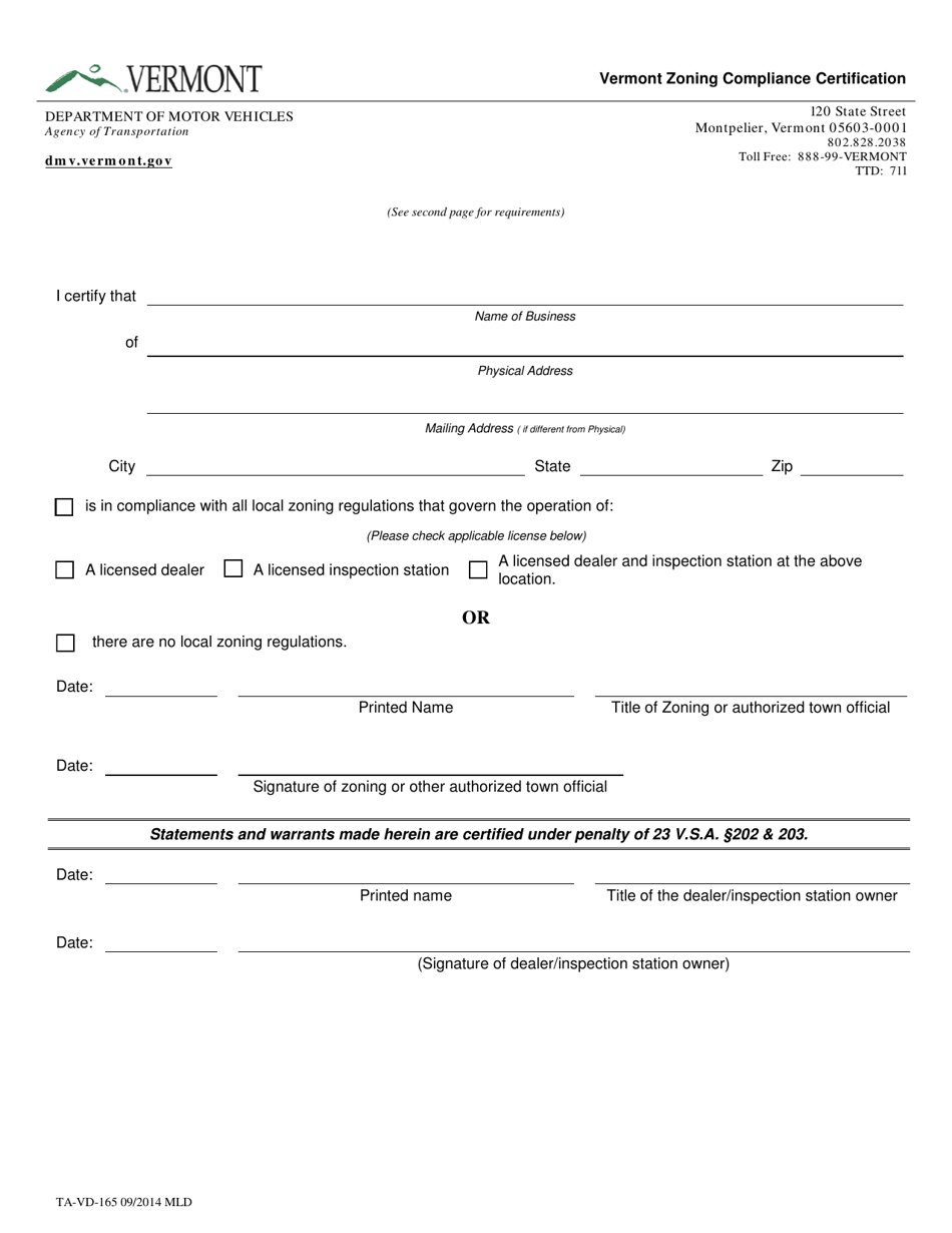 Form TA-VD-165 Vermont Zoning Compliance Certification - Vermont, Page 1