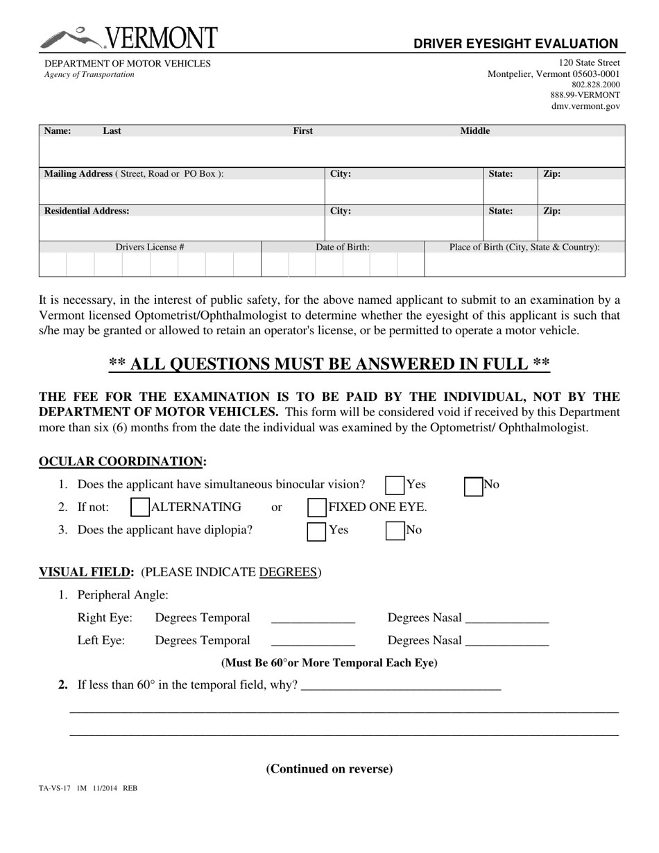 Form TA-VS-17 Driver Eyesight Evaluation - Vermont, Page 1