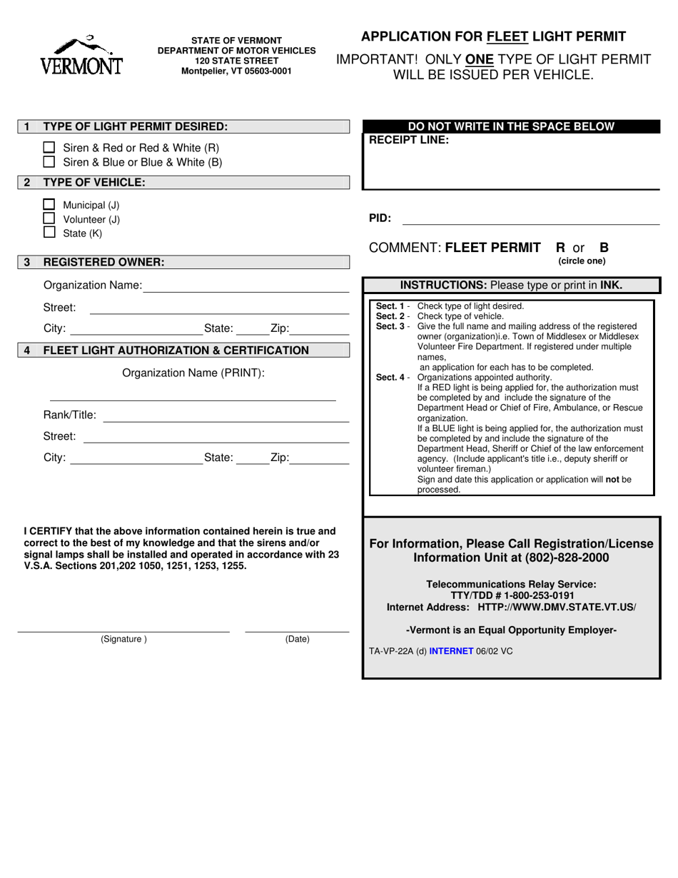 Form TA-VP-22A Application for Fleet Light Permit - Vermont, Page 1