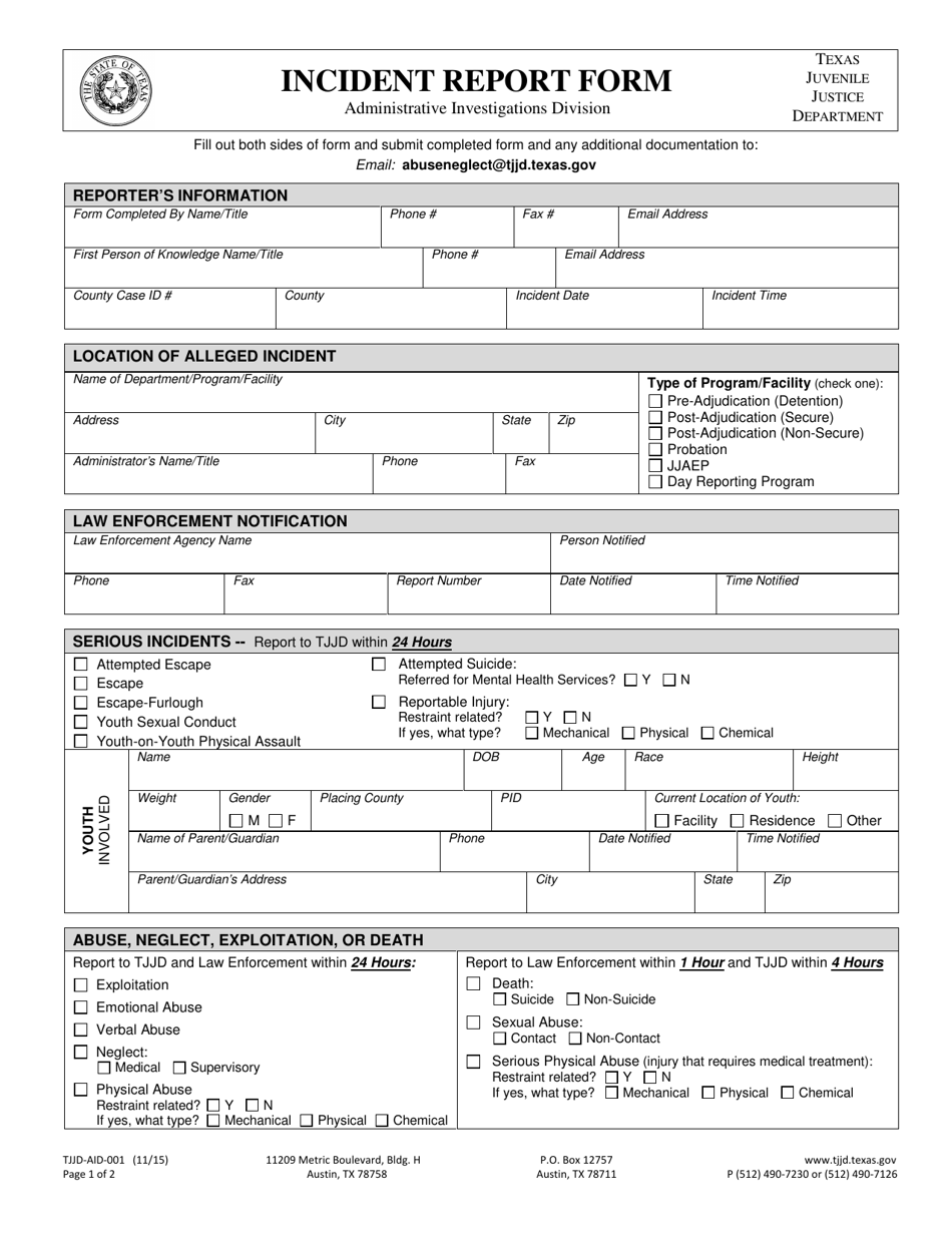 Form TJJD-AID-001 Incident Report Form - Texas, Page 1