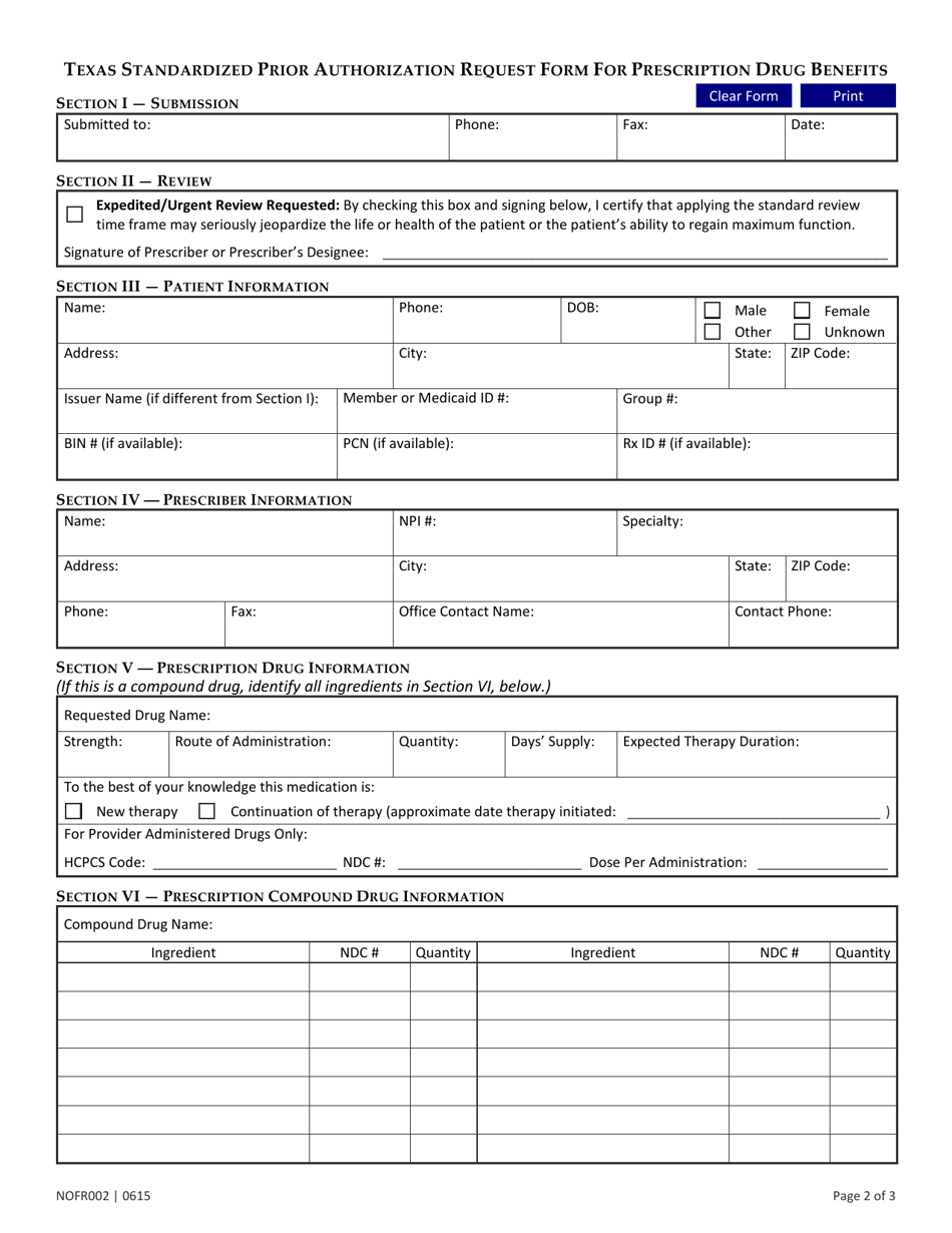 Form NOFR002 Texas Standard Prior Authorization Request Form for Prescription Drug Benefits - Texas, Page 2
