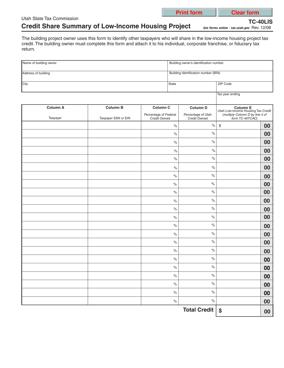 Form TC-40LIS - Fill Out, Sign Online and Download Fillable PDF, Utah ...