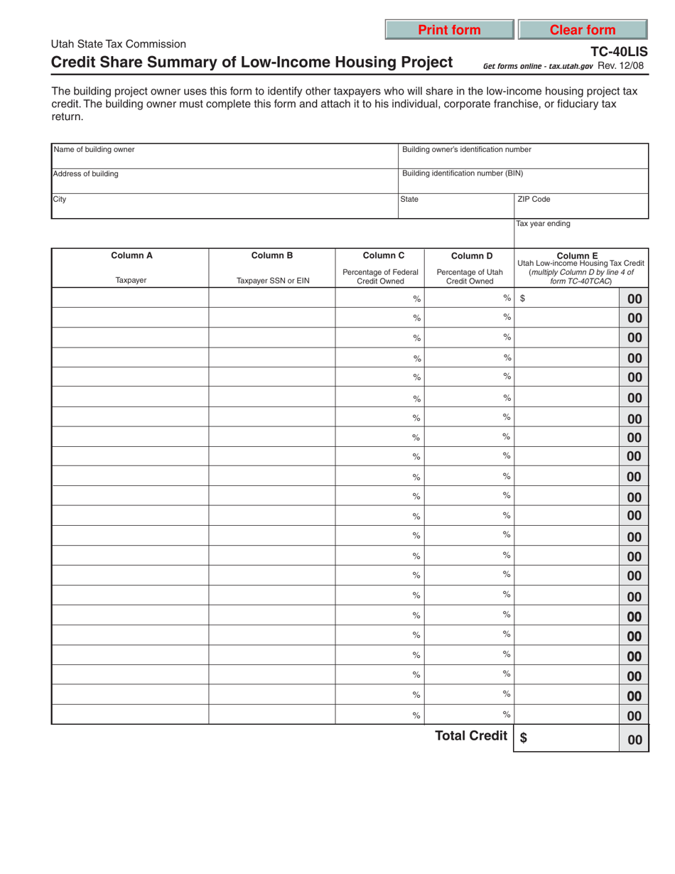 Form TC-40LIS Credit Share Summary of Low-Income Housing Project - Utah, Page 1