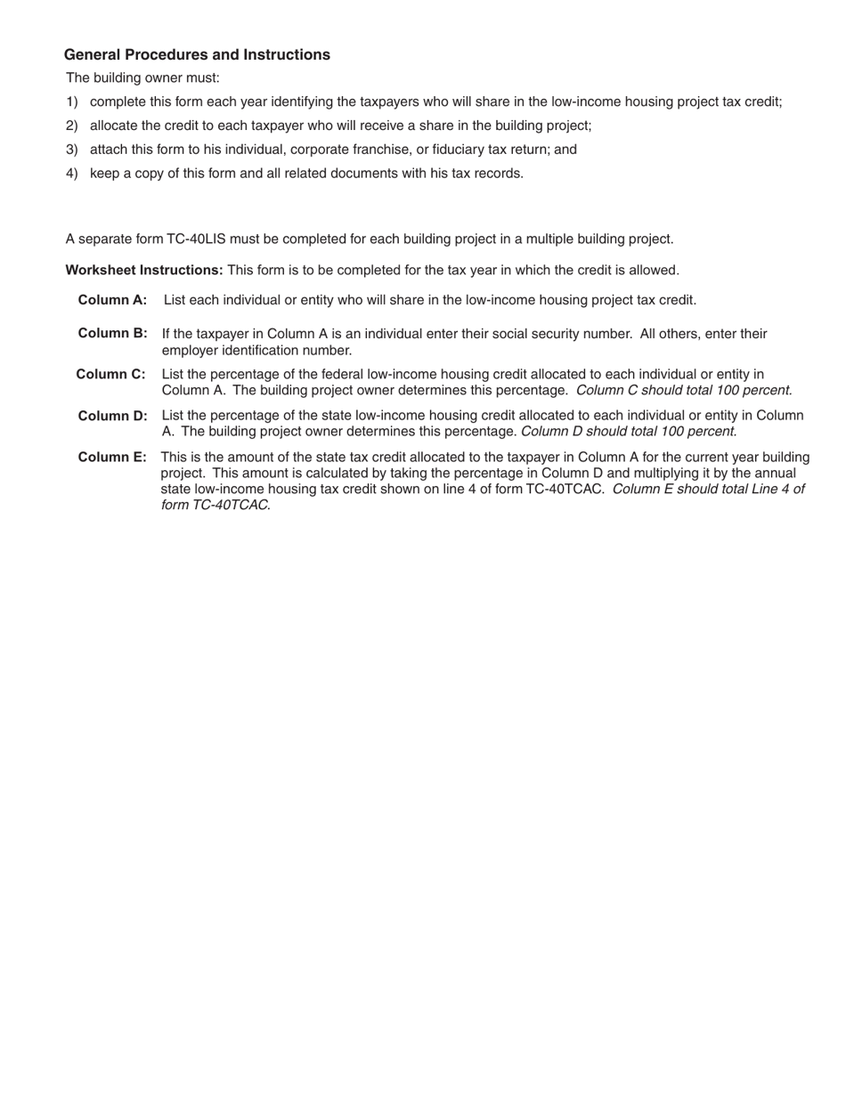 Form TC-40LIS Credit Share Summary of Low-Income Housing Project - Utah, Page 2