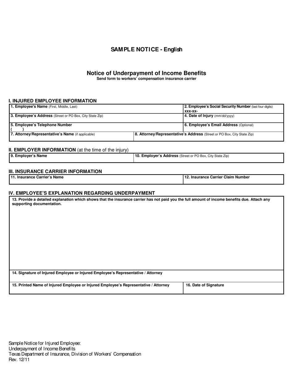 Sample Notice of Underpayment of Income Benefits - Texas, Page 1