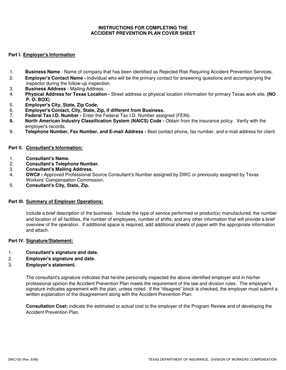 Form DWC102 Accident Prevention Plan Cover Sheet - Texas, Page 2