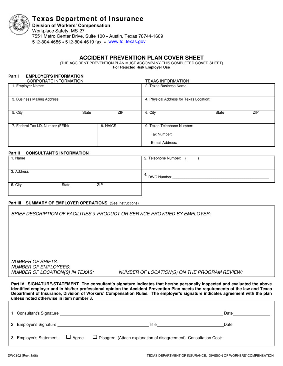 Form DWC102 Accident Prevention Plan Cover Sheet - Texas, Page 3
