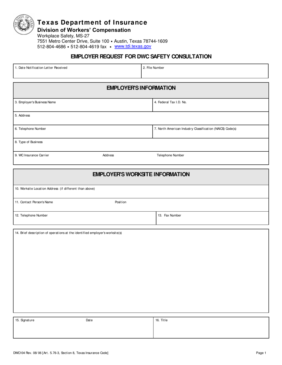 Form DWC104 - Fill Out, Sign Online and Download Fillable PDF, Texas ...