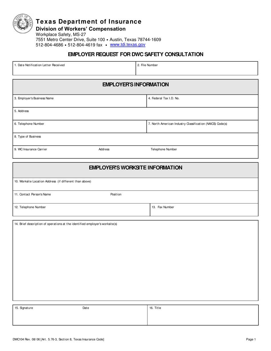 Form DWC104 Employer Request for DWC Safety Consultation - Texas, Page 1