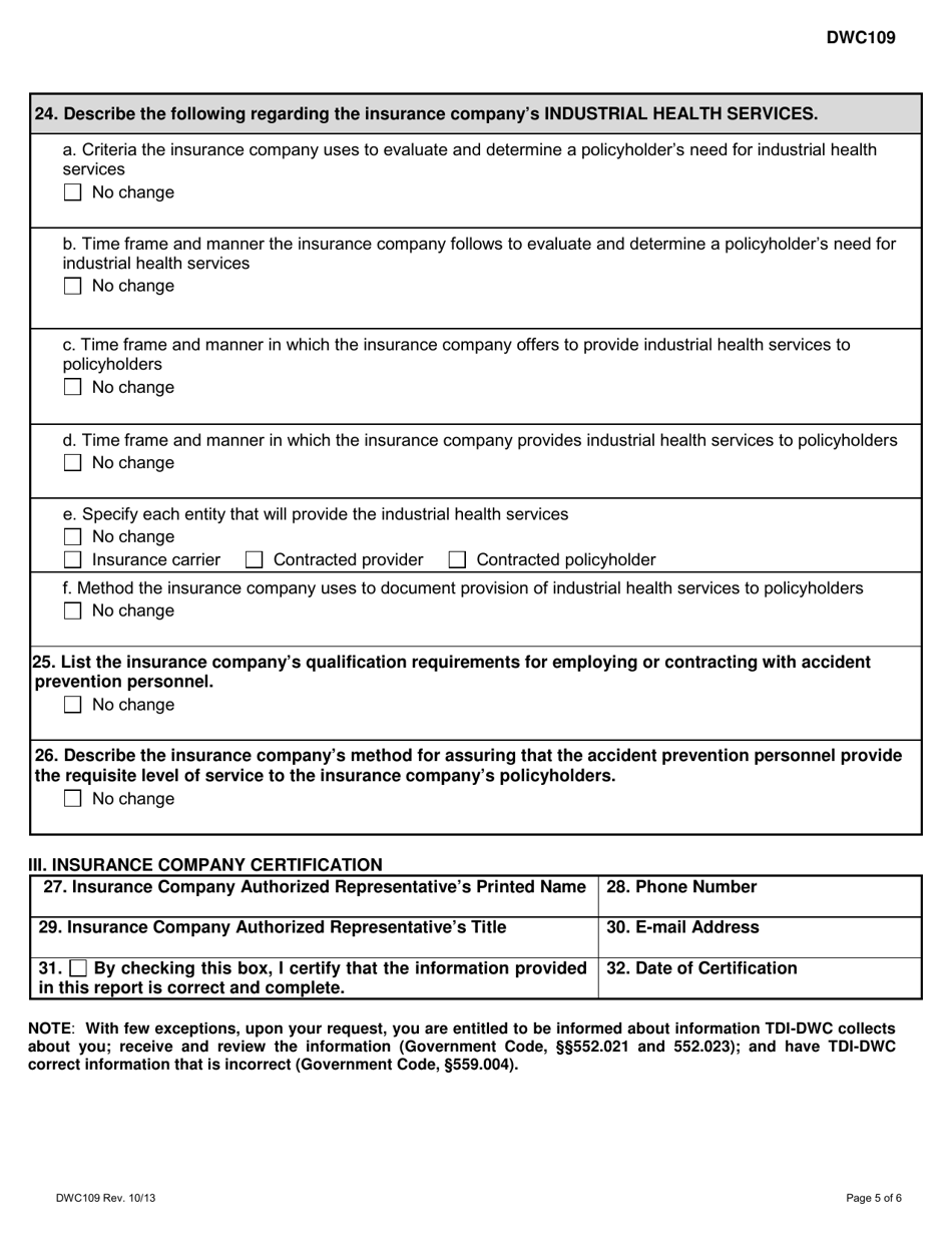 Form DWC109 Accident Prevention Services Annual Report - Texas, Page 5