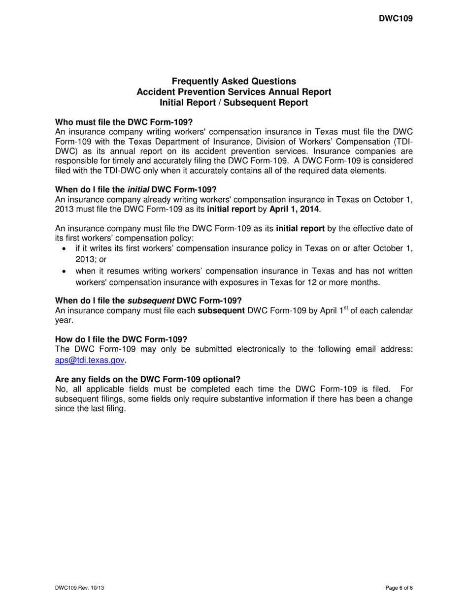 Form DWC109 Accident Prevention Services Annual Report - Texas, Page 6