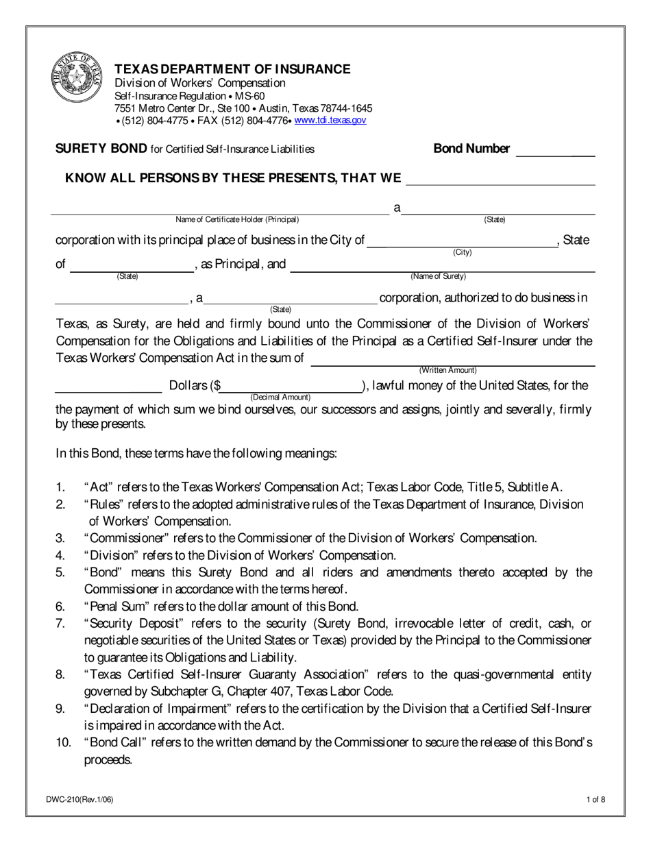 Form DWC210 Surety Bond for Certified Self-insurance Liabilities - Texas, Page 1