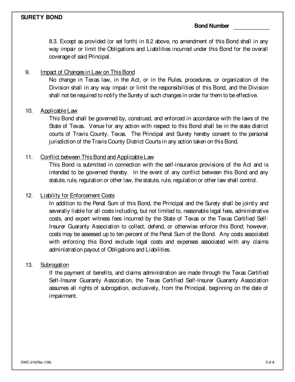 Form DWC210 Surety Bond for Certified Self-insurance Liabilities - Texas, Page 5