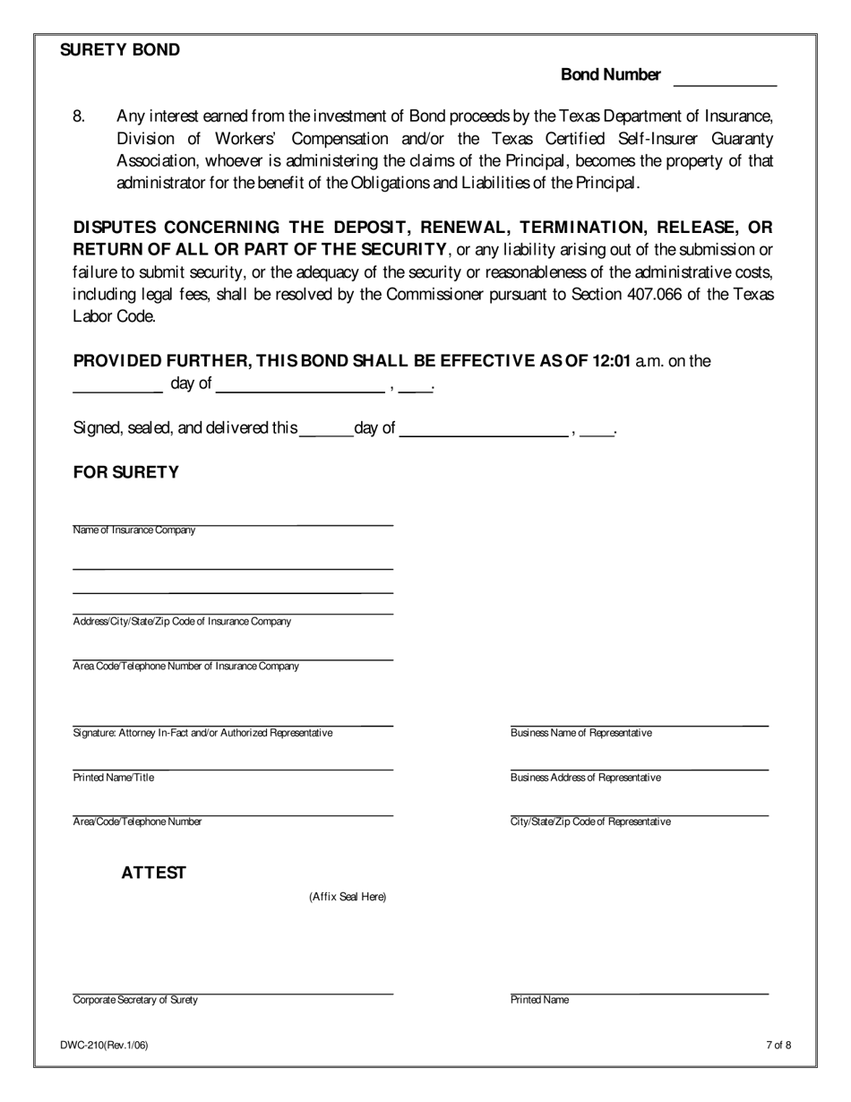 Form DWC210 Surety Bond for Certified Self-insurance Liabilities - Texas, Page 7