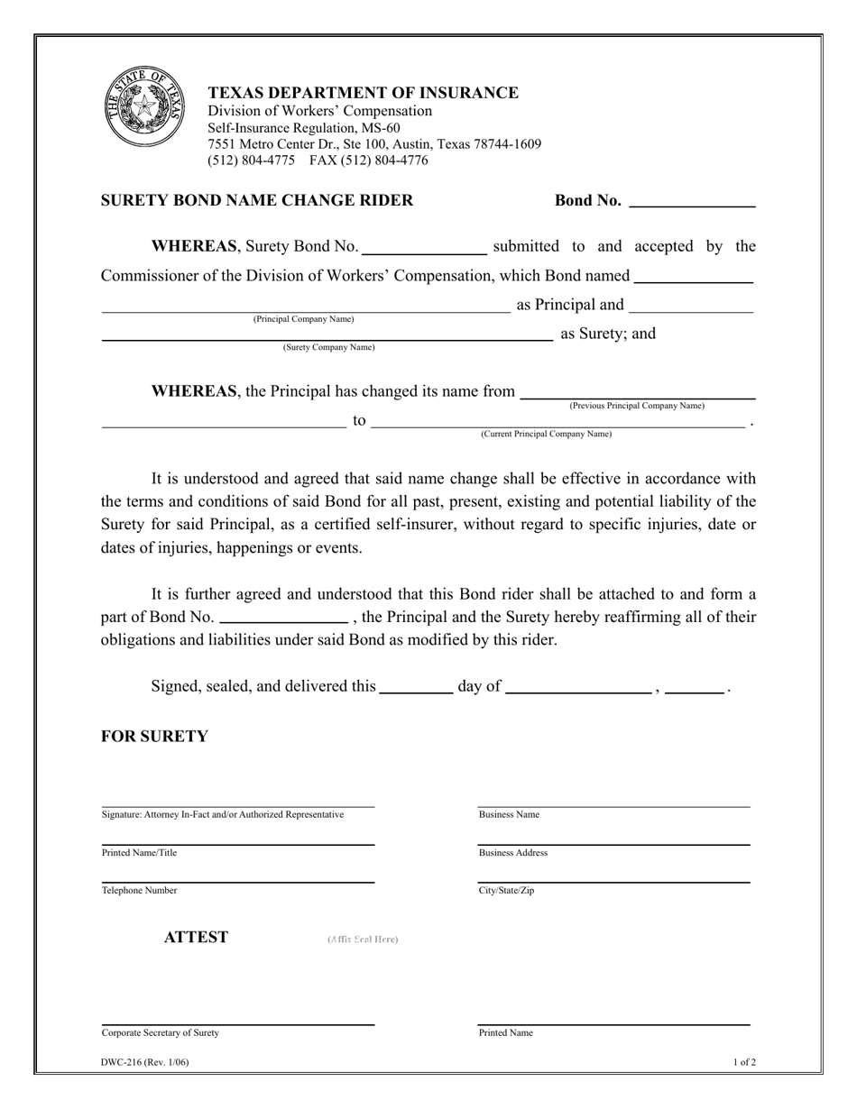 Form DWC216 Surety Bond Name Change Rider - Texas, Page 1