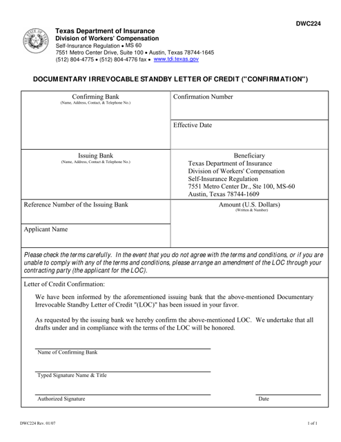 Form DWC224 Documentary Irrevocable Standby Letter of Credit (Confirmation) - Texas