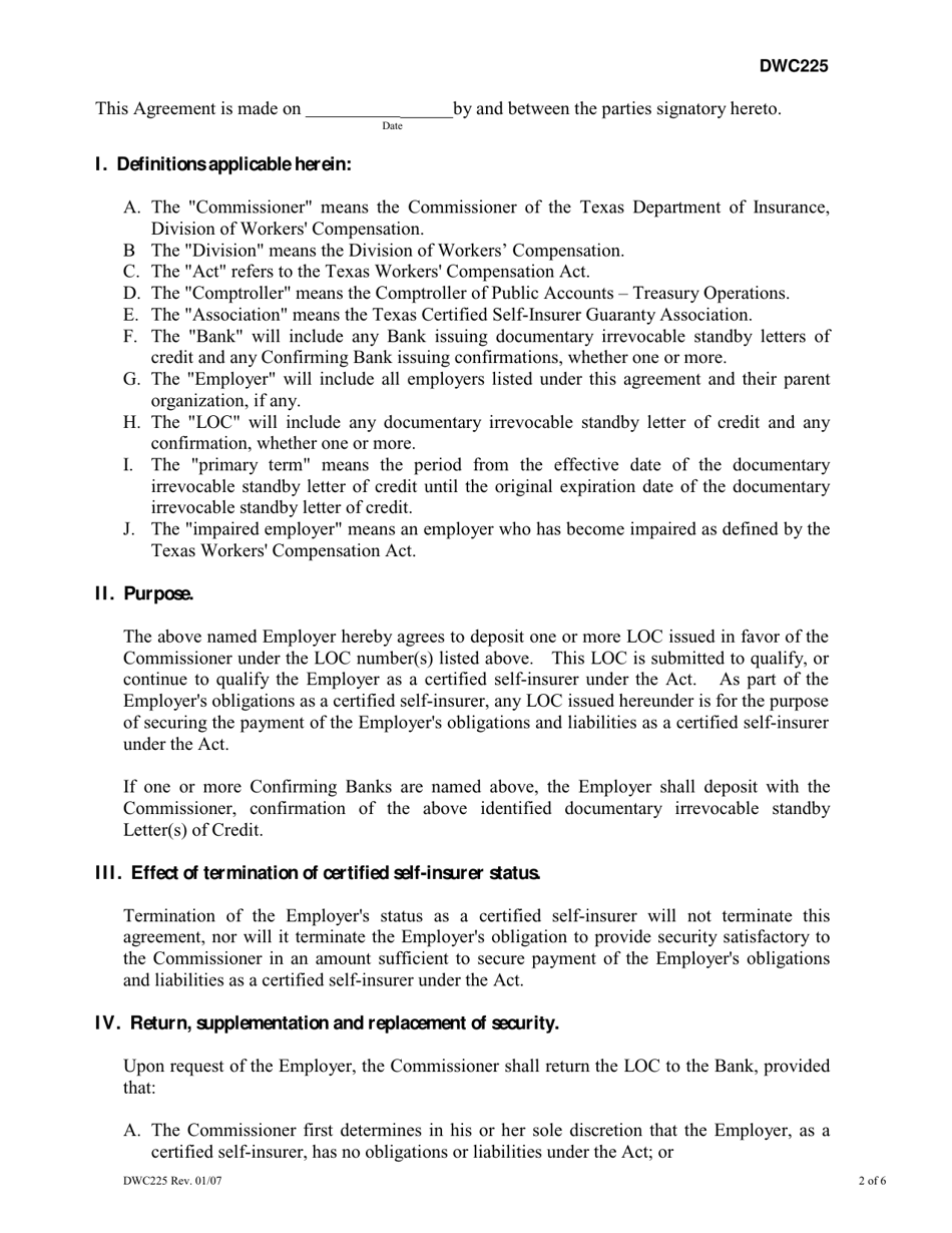 Form DWC225 Self-insurers Agreement to Post Documentary Irrevocable Standby Letter of Credit - Texas, Page 2