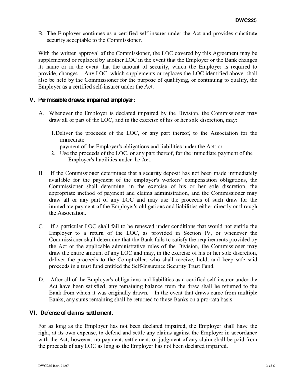 Form DWC225 Self-insurers Agreement to Post Documentary Irrevocable Standby Letter of Credit - Texas, Page 3
