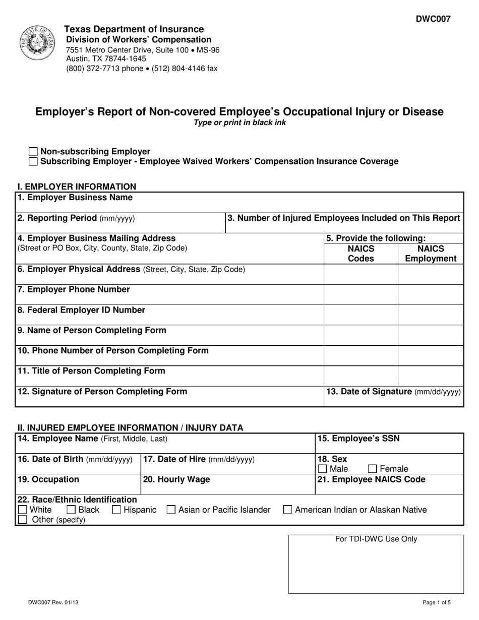 Form DWC007 Employers Report of Non-covered Employees Occupational Injury or Disease - Texas, Page 1