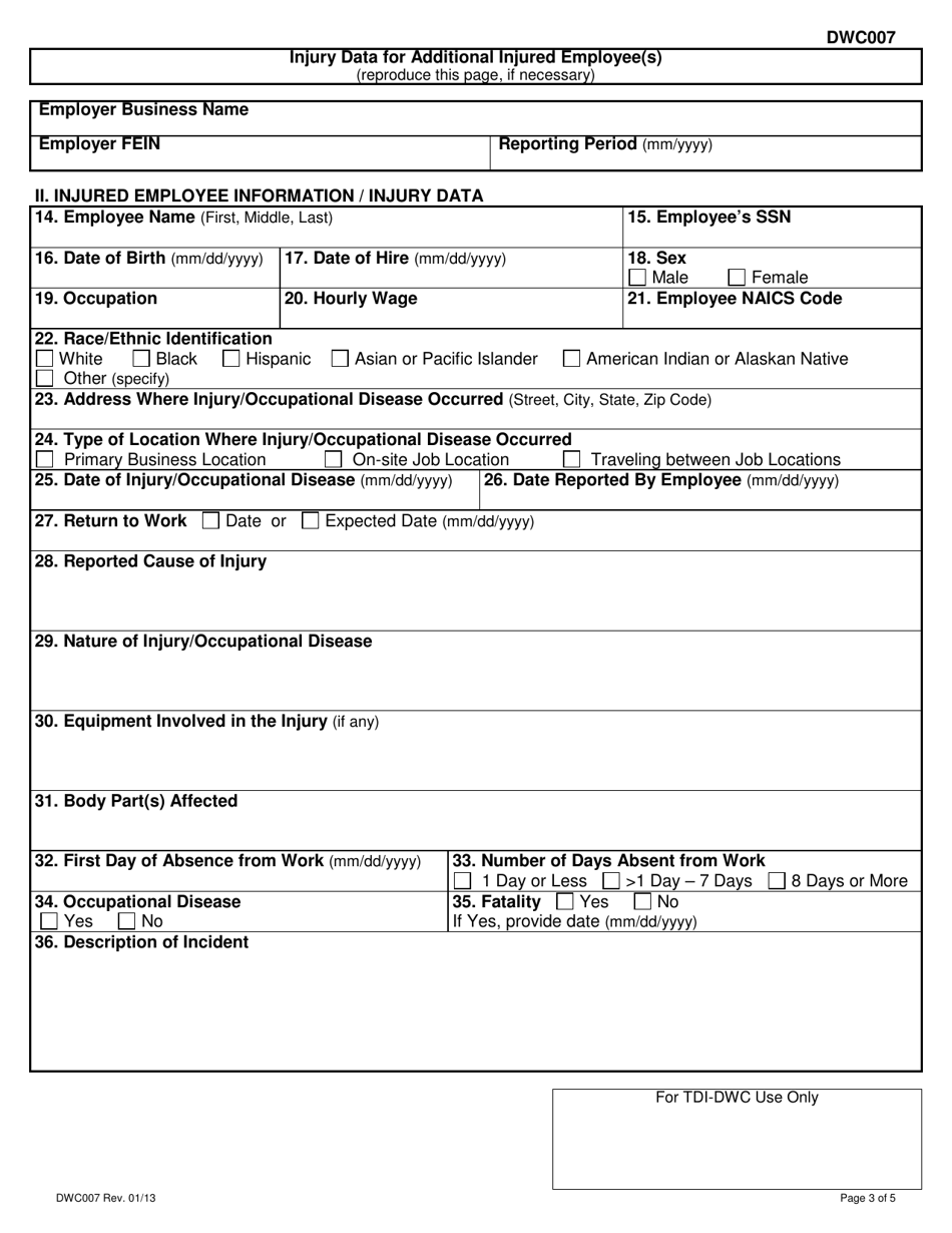 Form DWC007 Employers Report of Non-covered Employees Occupational Injury or Disease - Texas, Page 3